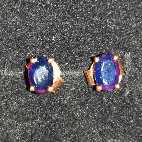 Elegant Natural Blue Sapphire 925 Sterling Silver Gold Vermeil Stud Earrings - Picture 4 of 14